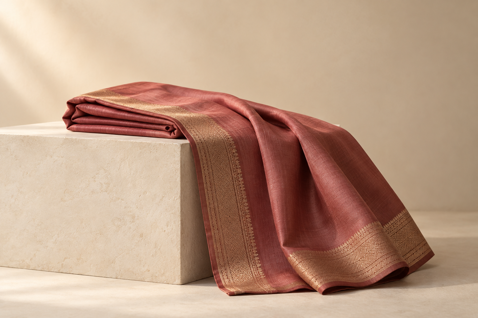 A rose-toned silk saree with a fine gold border, softly draped over a warm stone display