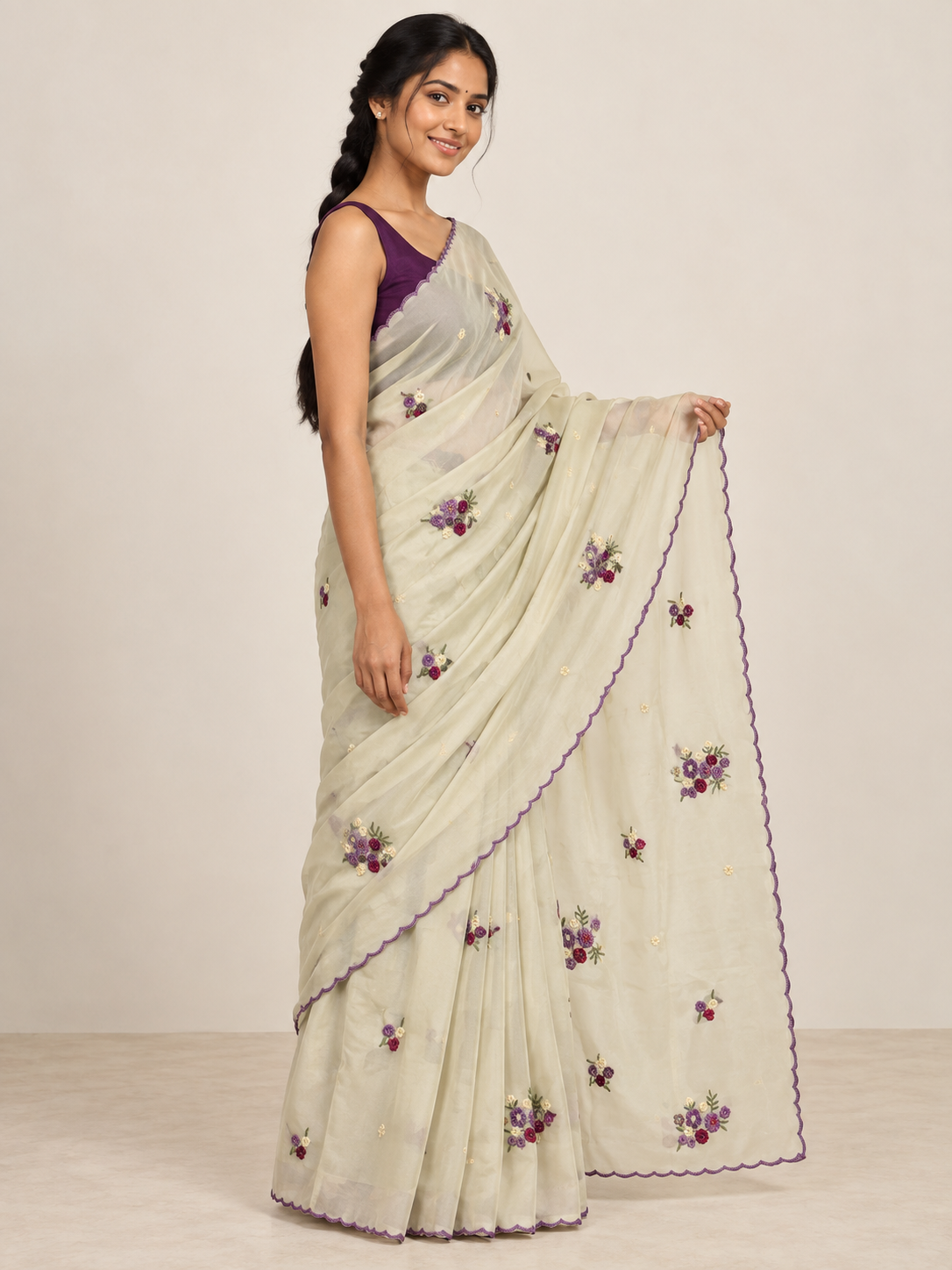 Ivory Plum Blossom Saree