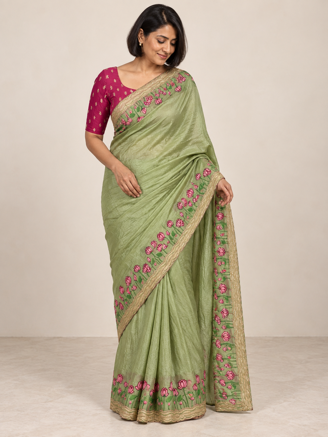 Pistachio Lotus Border Saree