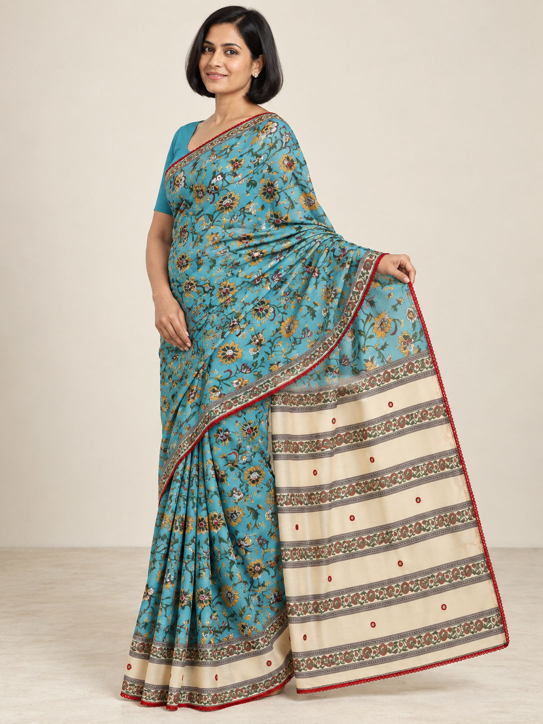 Turquoise Floral Panel Saree