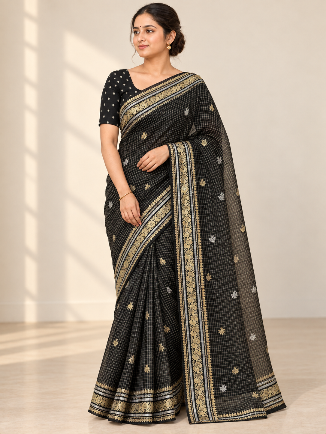 Midnight Gold Microcheck Saree
