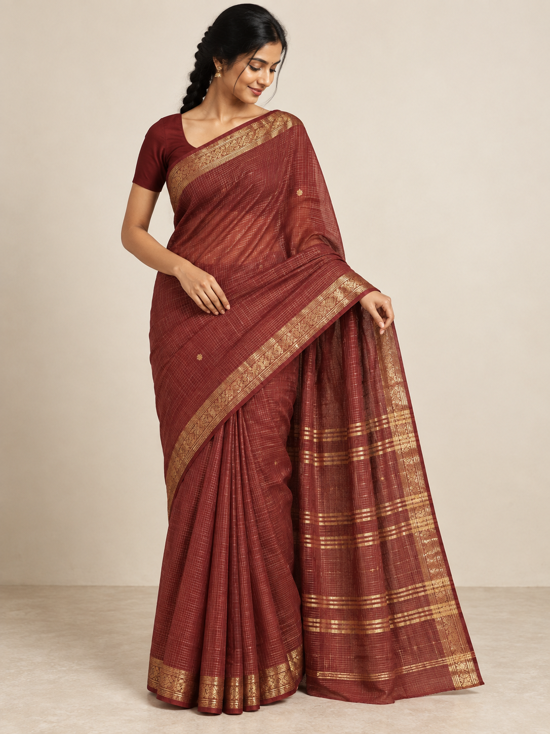 Copper Maroon Gold Check Saree